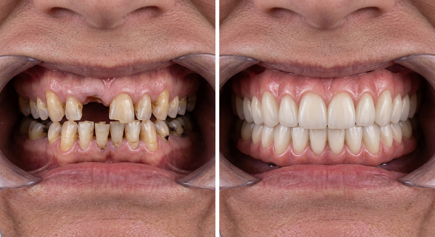 Before and after example: damaged and missing teeth, then a complete set of white implant-supported teeth