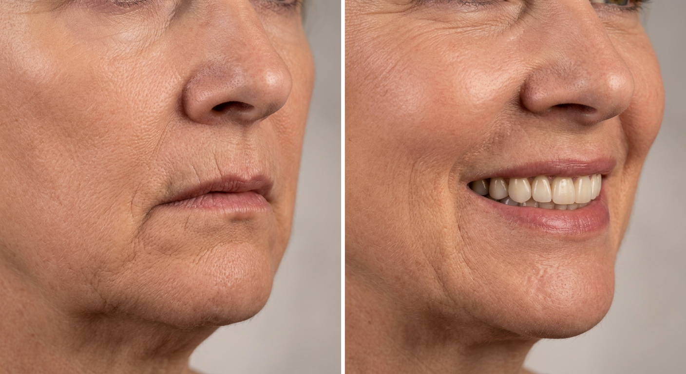 Before and after example: a sunken lower face from missing teeth, then a full smile with restored facial profile
