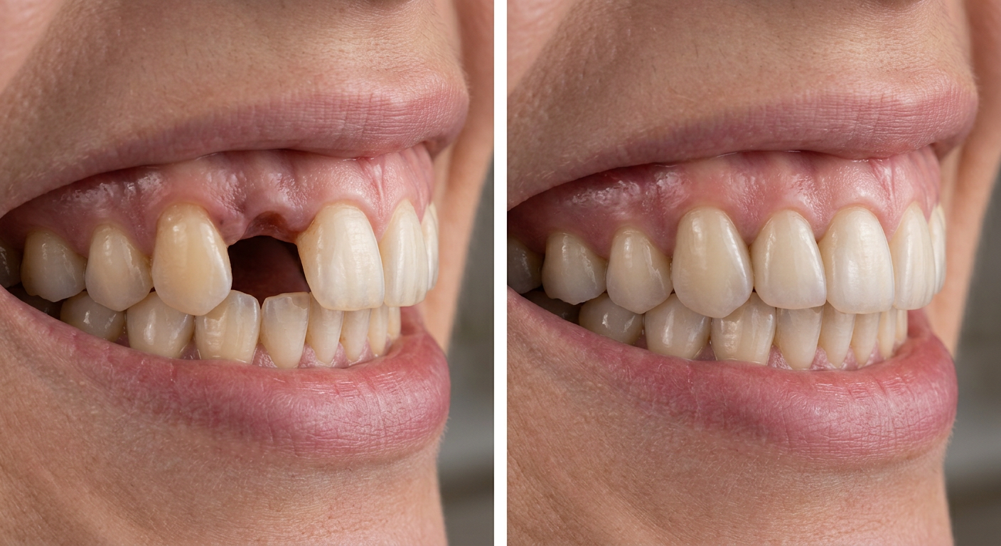 Before and after example: a gap from a missing front tooth, then filled with a natural-looking implant crown