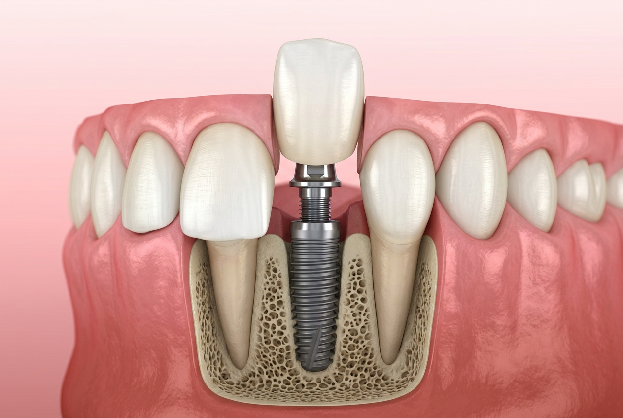 One dental implant with abutment and crown replacing a single missing tooth